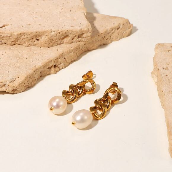 Baroque Freshwater Pearl Drop 18K Gold‎ Earrings Stainless Steel - Picture 9 of 13